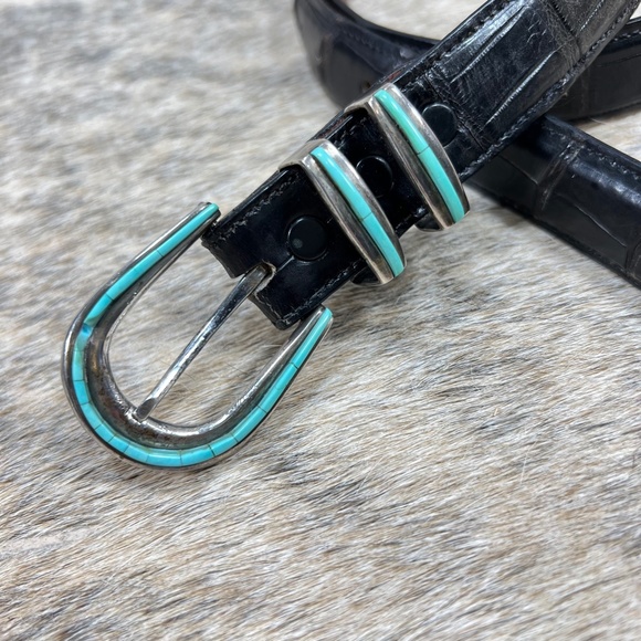 David Dear Turquoise Sterling Buckle on Crocodile Belt - Picture 2 of 8